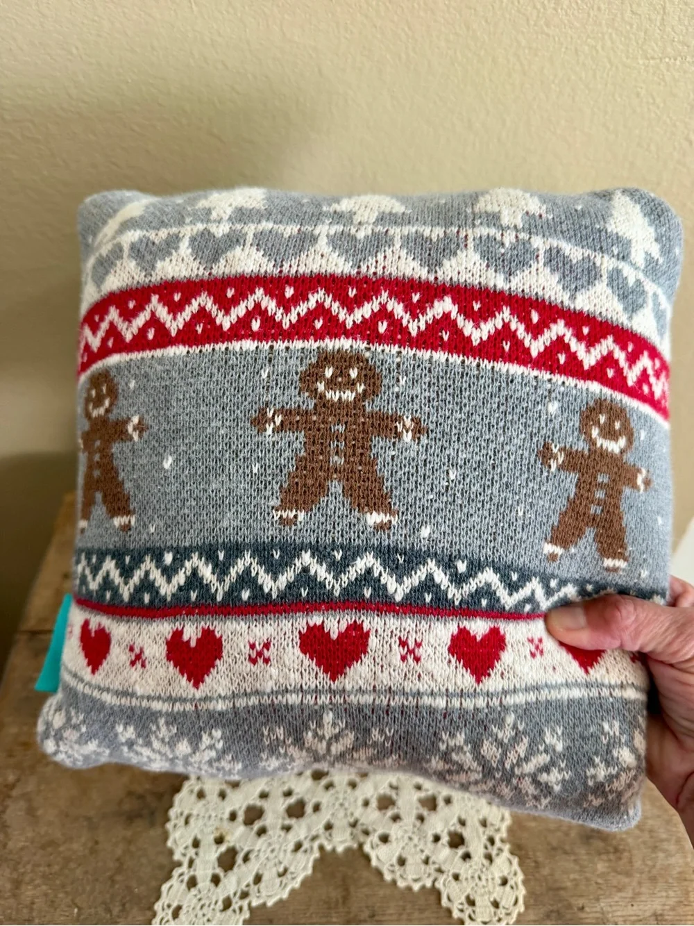 Holiday Gingerbread Knit Decorative Pillow - Gray and Red